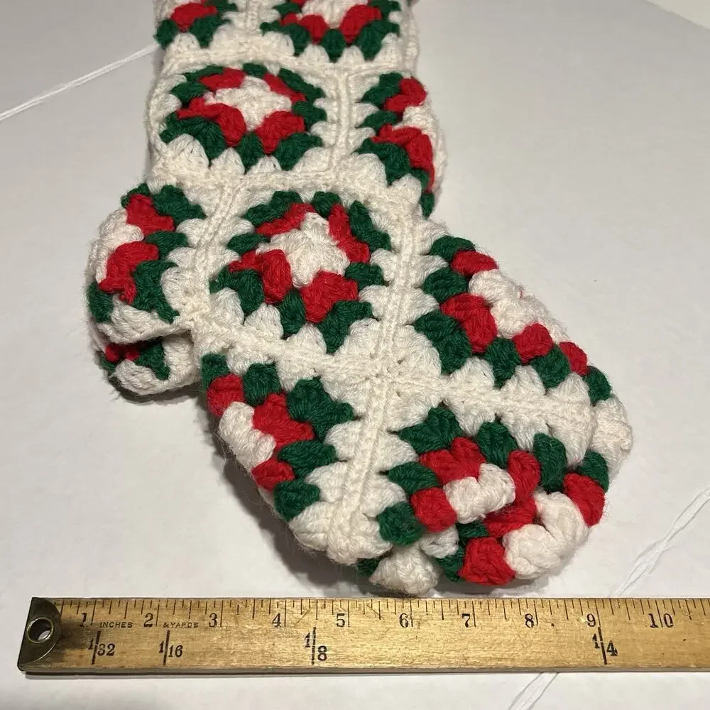 Vintage Lot of 3 Crochet Granny Square Christmas Stockings Red Green White Heels